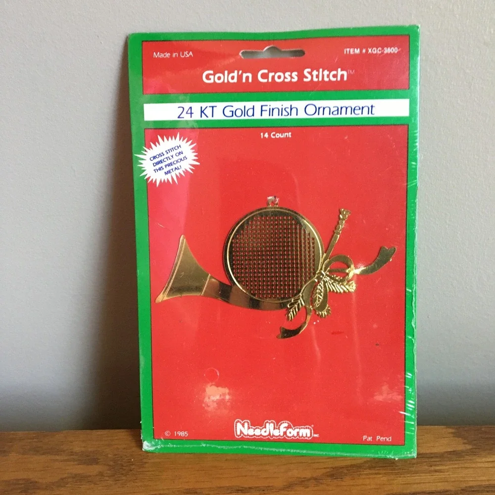 NeedleForm Gold'n Cross Stitch Ornament‎ Gold New 24KT French Horn 1985